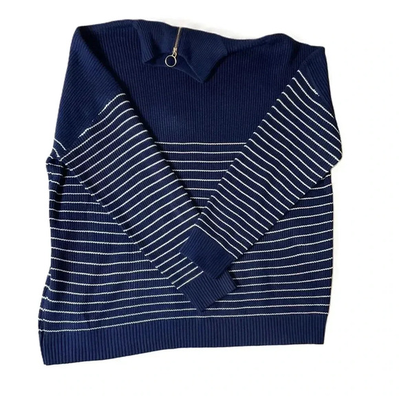 Chicsoul Blue White Striped Quarter Zip Pullover Sweater Long Sleeves Womens 2XL - Picture 6 of 6